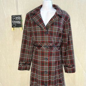 Monroe & Main L LG Plaid Long Trench Overcoat Lightweight Lined Red Black White